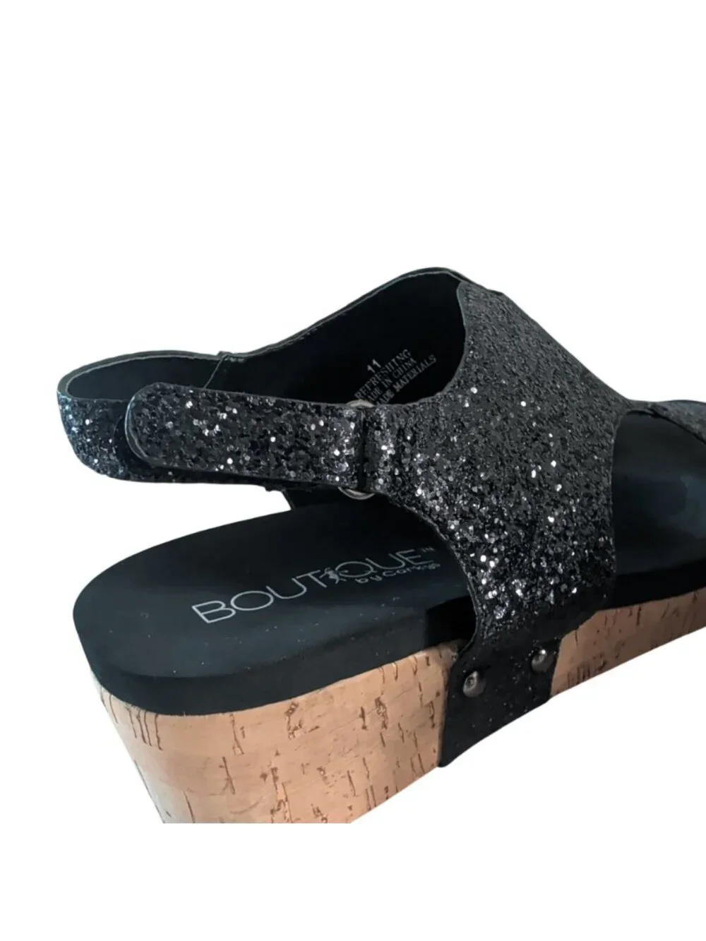 Boutique by Corkys Refreshing Sandals Womens 11 Black Glitter Cork Wedge Studded